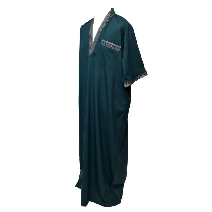 Men Moroccan Short Sleeve V Neck Dark Green Thobe Jubba Kandora Dishdasha (1)