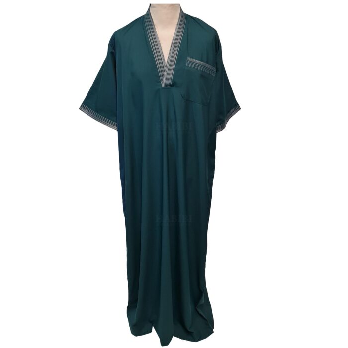 Men Moroccan Short Sleeve V Neck Dark Green Thobe Jubba Kandora Dishdasha (2)