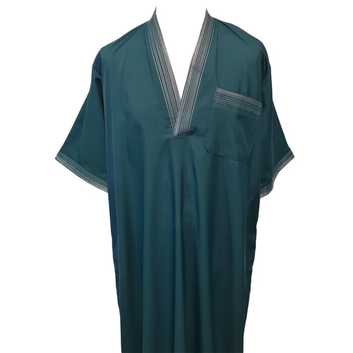 Men Moroccan Short Sleeve V Neck Dark Green Thobe Jubba Kandora Dishdasha (3)
