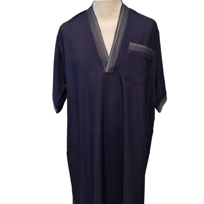 Men Moroccan Short Sleeve V Neck Navy Mauve Thobe Jubba Kandora Dishdasha (3)