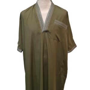 Men Moroccan Short Sleeve V Neck Olive Green Thobe Jubba Kandora Dishdasha (3)