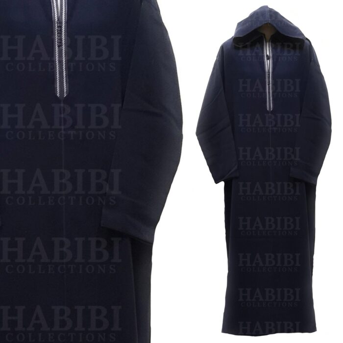 Men Moroccan Wool Long Sleeve Thobe Navy Blue By Habibi Collections Img2