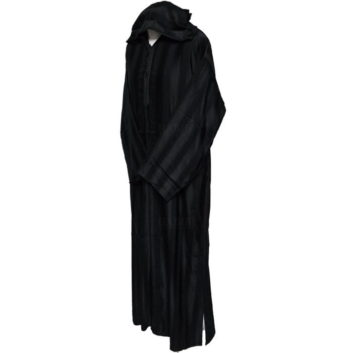Men's Black Striped Moroccan Long Sleeve Hooded Cotton Blend Thobe Jubba Djellaba (1)