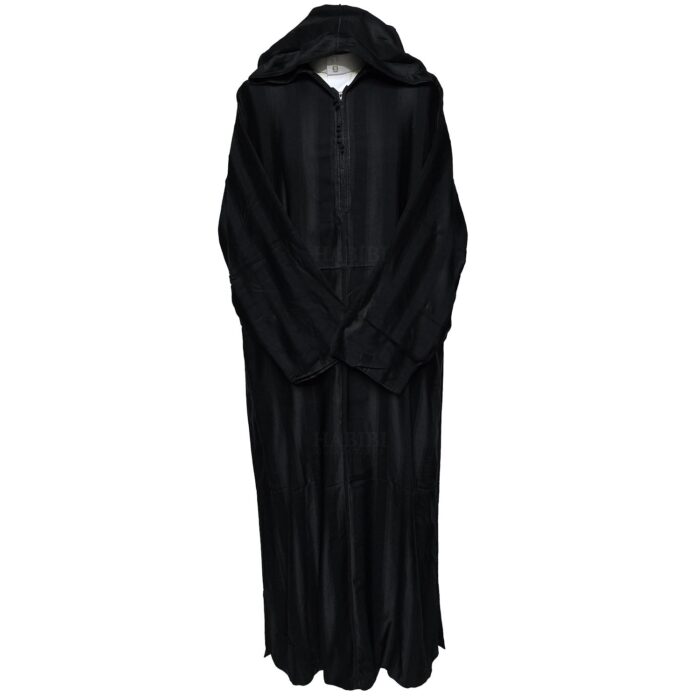 Men's Black Striped Moroccan Long Sleeve Hooded Cotton Blend Thobe Jubba Djellaba (2)