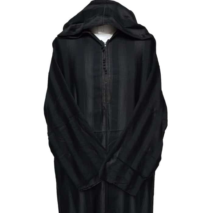 Men's Black Striped Moroccan Long Sleeve Hooded Cotton Blend Thobe Jubba Djellaba (3)