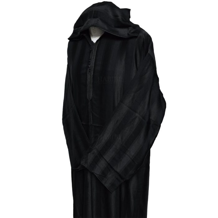Men's Black Striped Moroccan Long Sleeve Hooded Cotton Blend Thobe Jubba Djellaba (4)