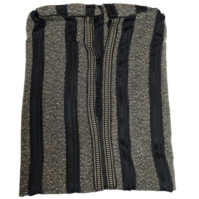 Men’s Black Striped Moroccan Long Sleeve Hooded Cotton Thobe Jubba Djellaba (1)