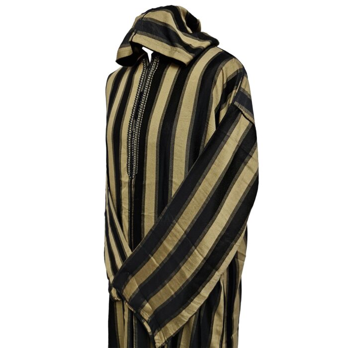 Men's Black Striped Moroccan Long Sleeve Hooded Cotton Thobe Jubba Djellaba (1)