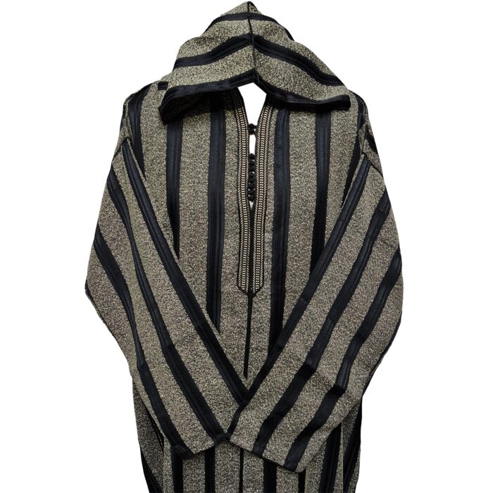 Men’s Black Striped Moroccan Long Sleeve Hooded Cotton Thobe Jubba Djellaba (4)