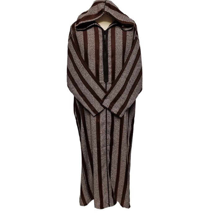 Men's Brown Striped Moroccan Long Sleeve Hooded Cotton Blend Thobe Jubba Djellaba (3)