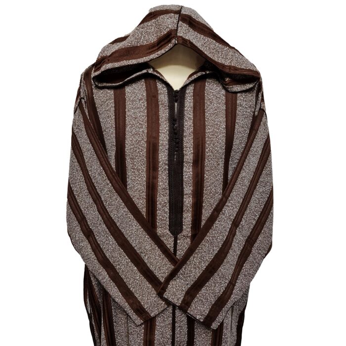 Men's Brown Striped Moroccan Long Sleeve Hooded Cotton Blend Thobe Jubba Djellaba (4)