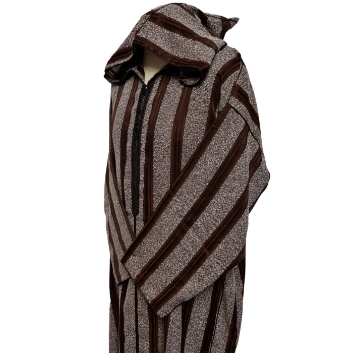 Men's Brown Striped Moroccan Long Sleeve Hooded Cotton Blend Thobe Jubba Djellaba (5)