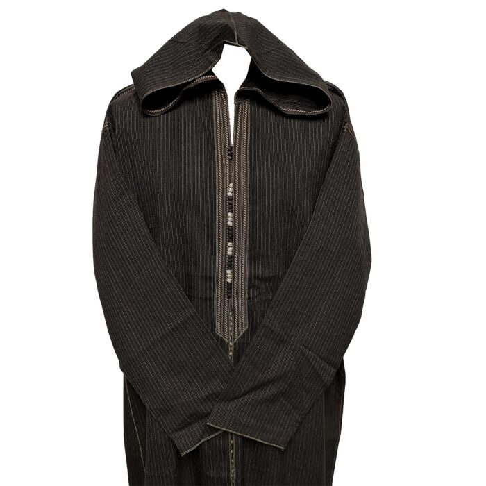 Men's Brown Striped Moroccan Long Sleeve Hooded Thick Cotton Blend Thobe Jubba Djellaba (3)