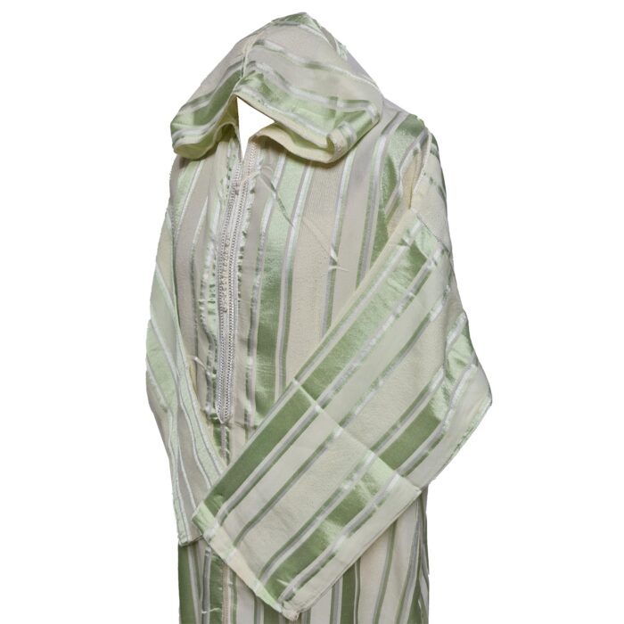 Men's Moroccan Green Cream Long Sleeve Hooded Cotton Blend Thobe Jubba Djellaba (5)