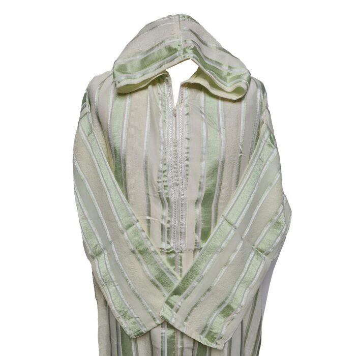 Men's Moroccan Green Cream Long Sleeve Hooded Cotton Blend Thobe Jubba Djellaba (7)