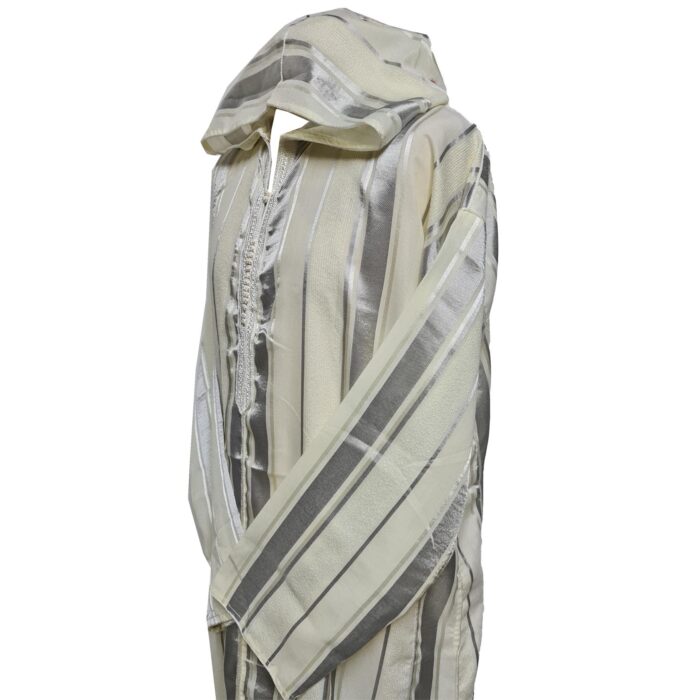 Men's Moroccan Grey Cream Long Sleeve Hooded Cotton Blend Thobe Jubba Djellaba (1)