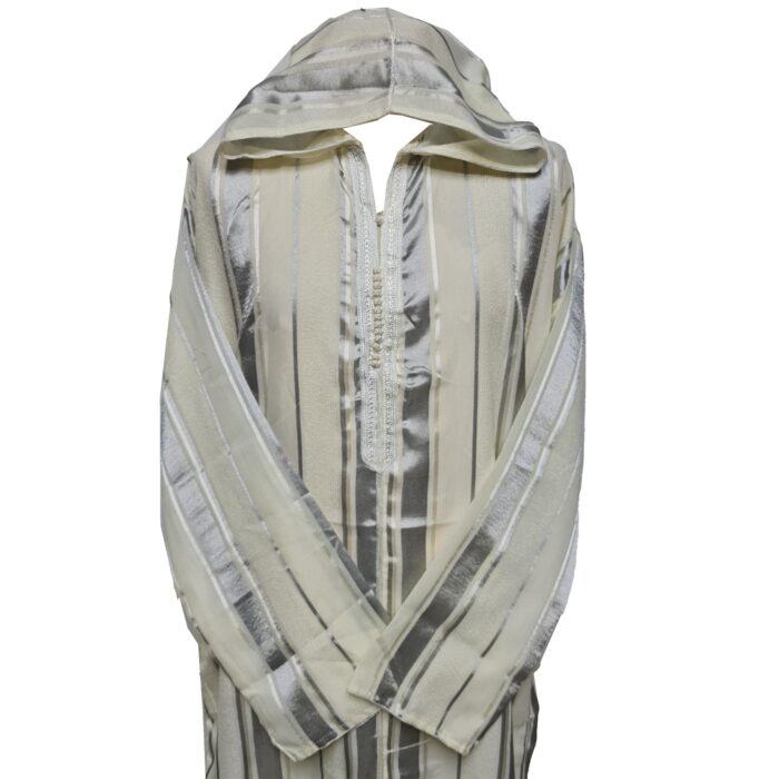 Men's Moroccan Grey Cream Long Sleeve Hooded Cotton Blend Thobe Jubba Djellaba (3)