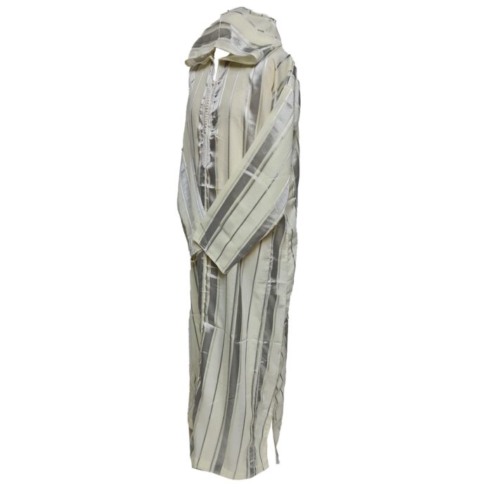 Men's Moroccan Grey Cream Long Sleeve Hooded Cotton Blend Thobe Jubba Djellaba (4)