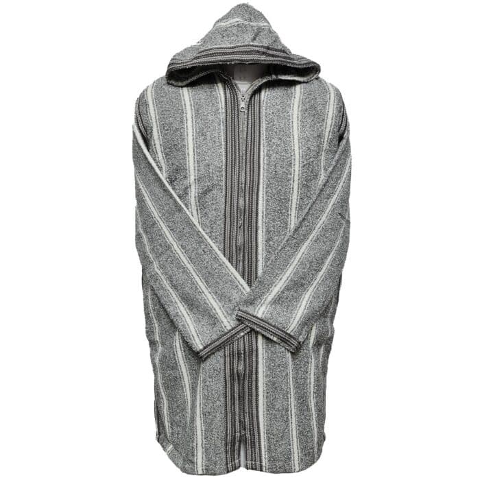 Men's Moroccan Hooded Wool Winter Baja Jerga Jacket Striped Greywhite (2)