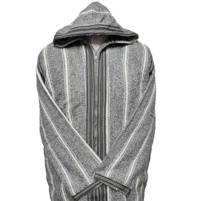 Men's Moroccan Hooded Wool Winter Baja Jerga Jacket Striped Greywhite (3)