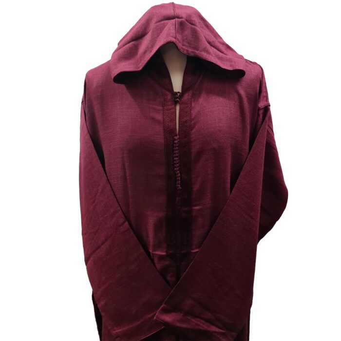 Men's Moroccan Rich Soft Cotton Burgundy Hooded Thobe Jubba Djellaba (1)