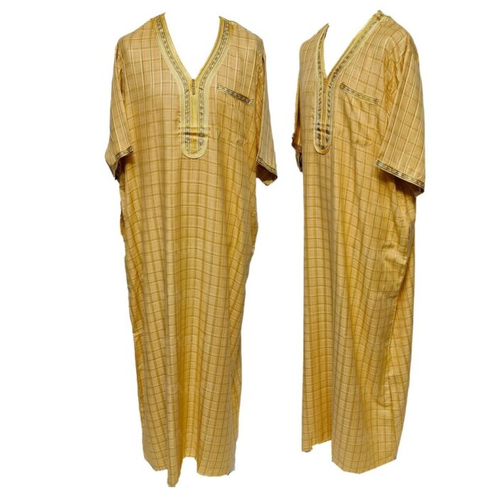 Men’s Moroccan Short Sleeves Yellow Checkered Thobe Jubba Kandora Dishdasha (5)