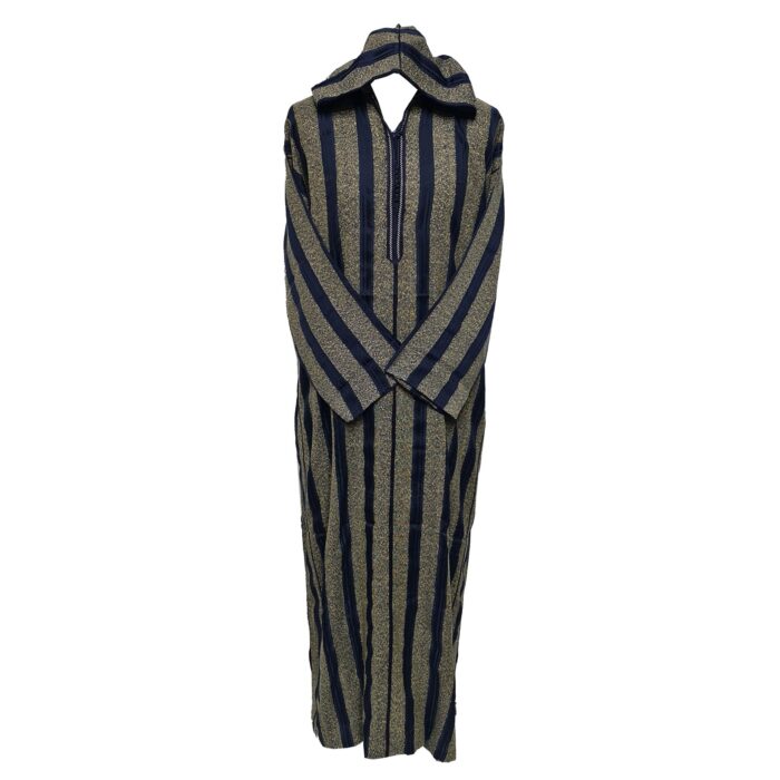 Men’s Navy Blue Striped Moroccan Long Sleeve Hooded Cotton Thobe Jubba Djellaba (2)