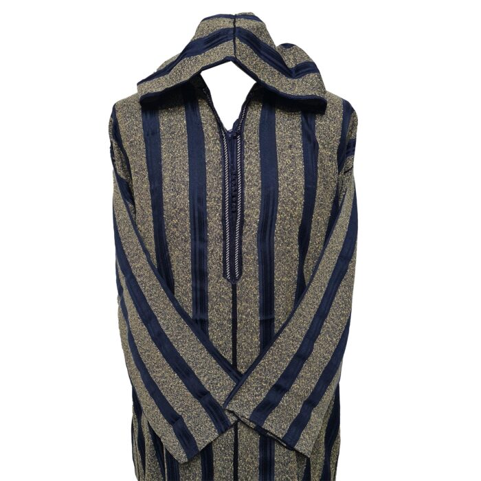 Men’s Navy Blue Striped Moroccan Long Sleeve Hooded Cotton Thobe Jubba Djellaba (3)