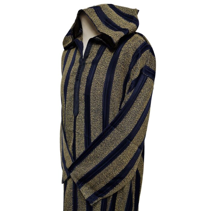 Men's Navy Gold Moroccan Long Sleeve Hooded Cotton Thobe Jubba Djellaba (2)