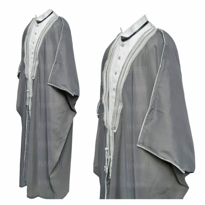 Men's Premium 3 Quarter Sleeve Arabian Bisht Grey Silver Cloak Arab Dress Thobe Islam Robe Eid (4)