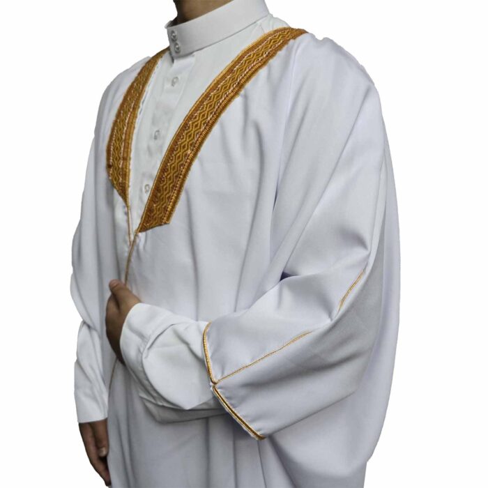 Men's Premium Half Sleeve Arabian Bisht مشلح Cloak White Gold Arab Dress Mishlah Robe Eid (1)