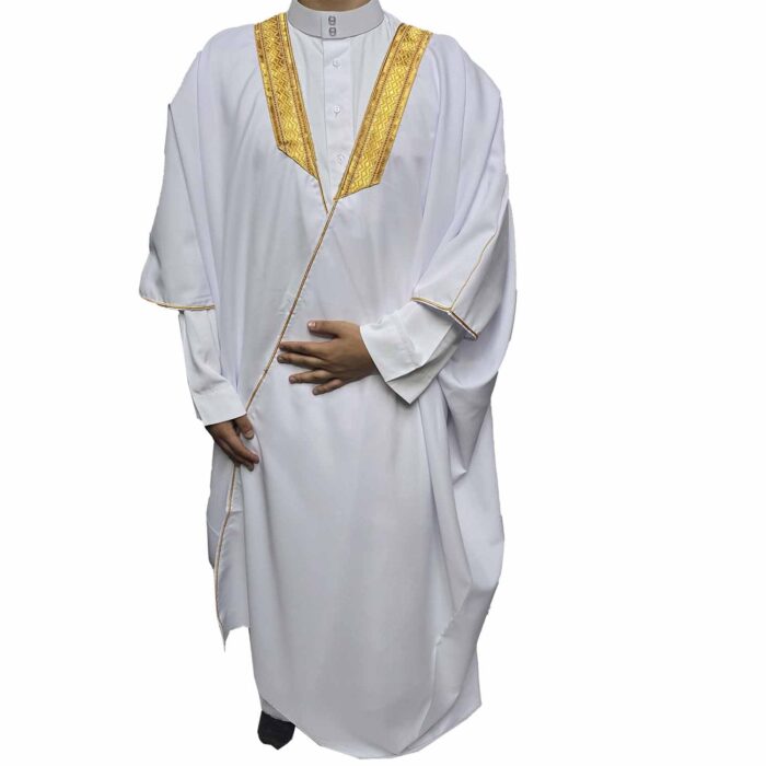Men's Premium Half Sleeve Arabian Bisht مشلح Cloak White Gold Arab Dress Mishlah Robe Eid (2)