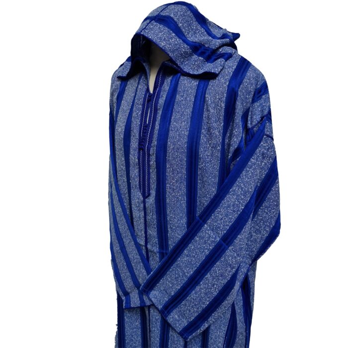 Men's Royal Blue Striped Moroccan Long Sleeve Hooded Cotton Thobe Jubba Djellaba (1)