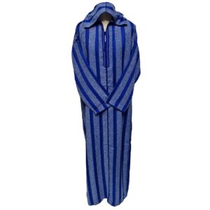 Men's Royal Blue Striped Moroccan Long Sleeve Hooded Cotton Thobe Jubba Djellaba (2)