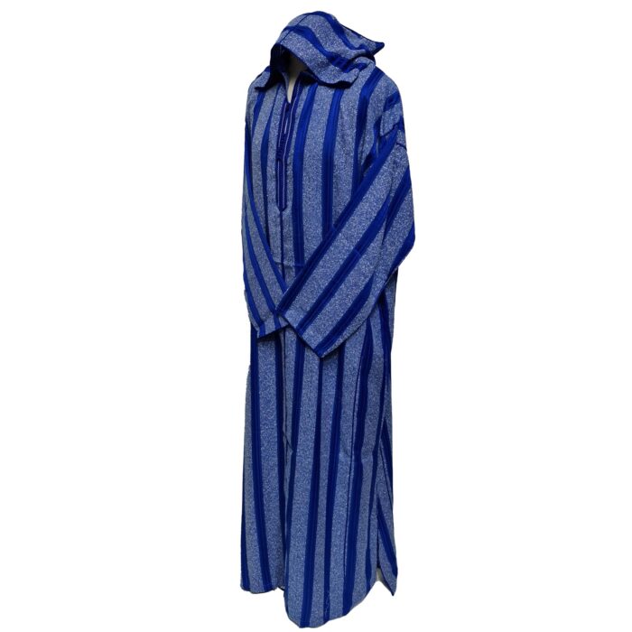 Men's Royal Blue Striped Moroccan Long Sleeve Hooded Cotton Thobe Jubba Djellaba (4)