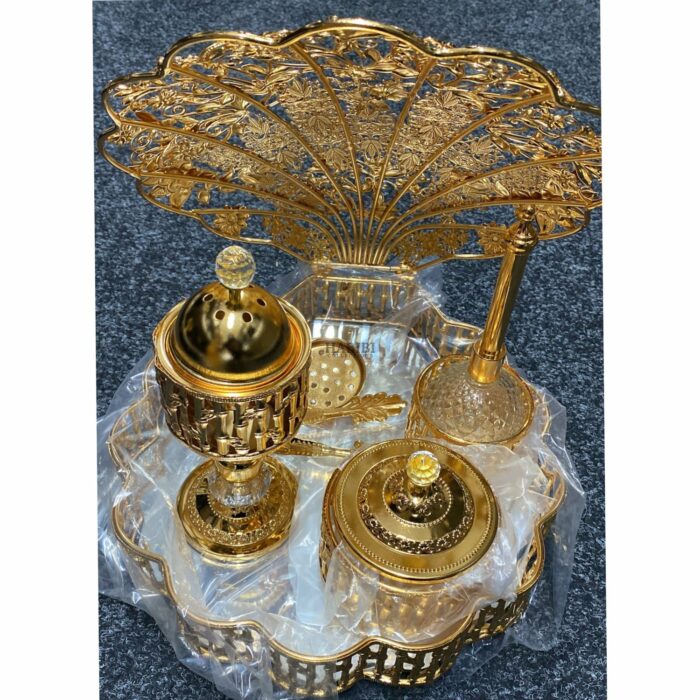 Metal Glass Gold Arabic Incense Bakhoor Burner 6 Piece Set, (1)