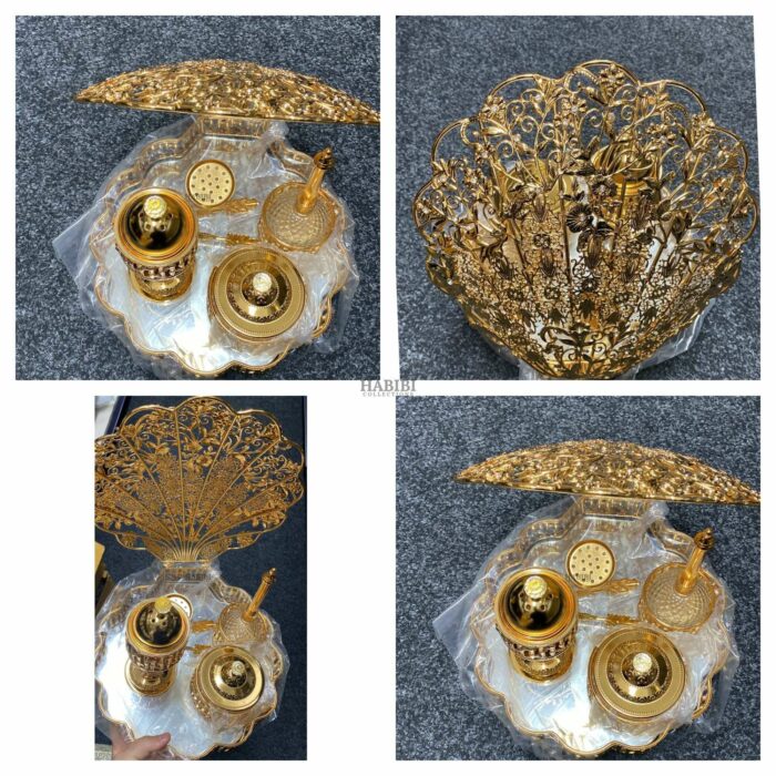 Metal Glass Gold Arabic Incense Bakhoor Burner 6 Piece Set, (2)