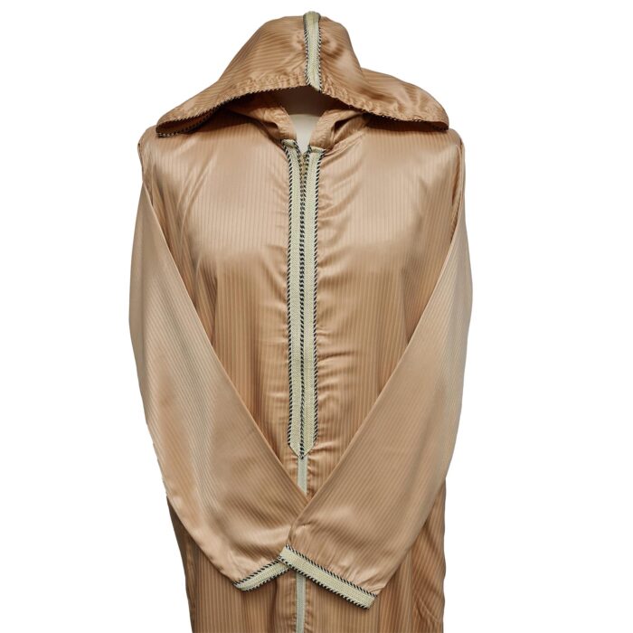 Moroccan Beige Striped Zip Front Long Sleeve Hooded Thobe Jubba Djellaba (10)