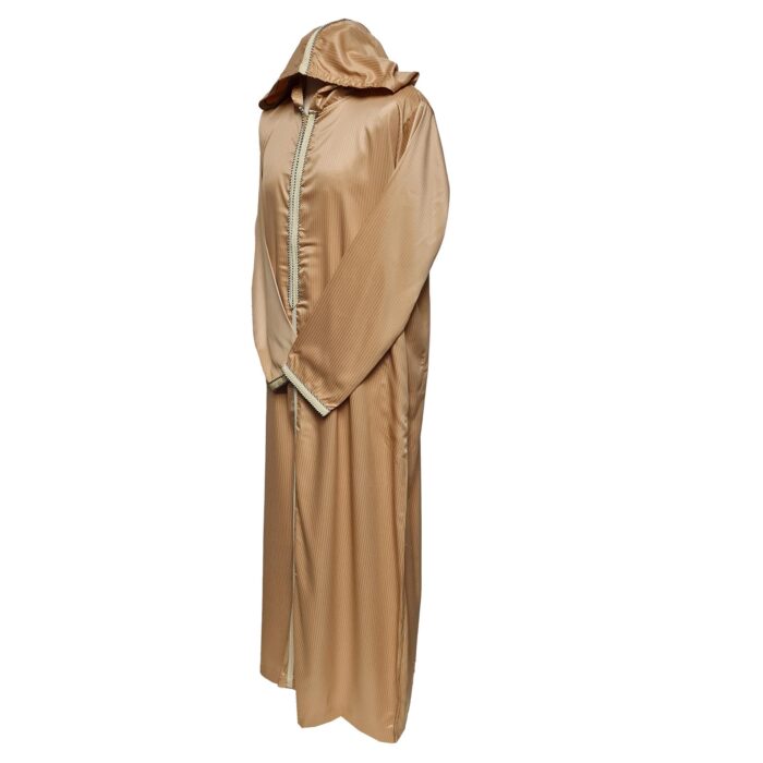 Moroccan Beige Striped Zip Front Long Sleeve Hooded Thobe Jubba Djellaba (12)