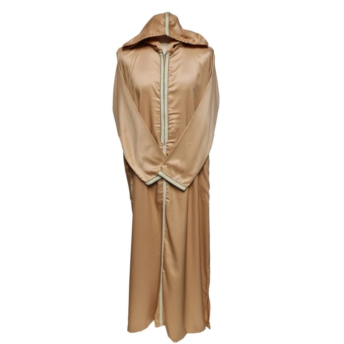 Moroccan Beige Striped Zip Front Long Sleeve Hooded Thobe Jubba Djellaba (9)