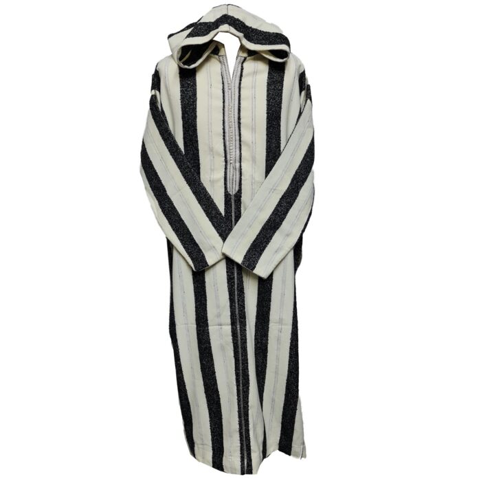 Moroccan Black Off White Striped Cashmere Wool Blend Hooded Thobe Djellaba Super Warm (2)