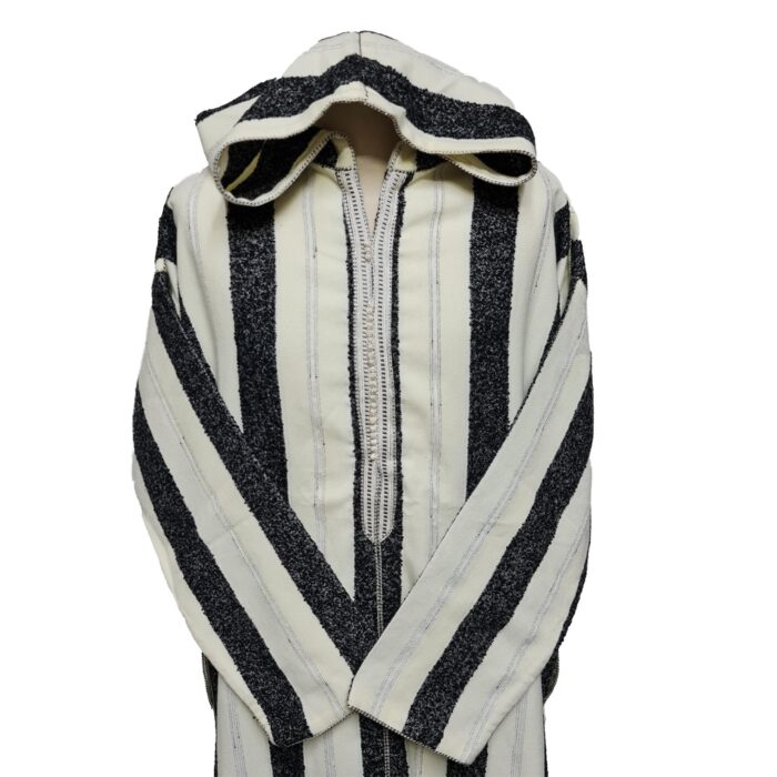 Moroccan Black Off White Striped Cashmere Wool Blend Hooded Thobe Djellaba Super Warm (3)