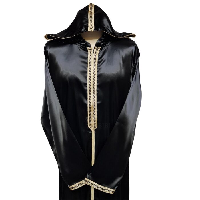 Moroccan Black Shiny Zip Front Long Sleeve Hooded Thobe Jubba Djellaba (7)