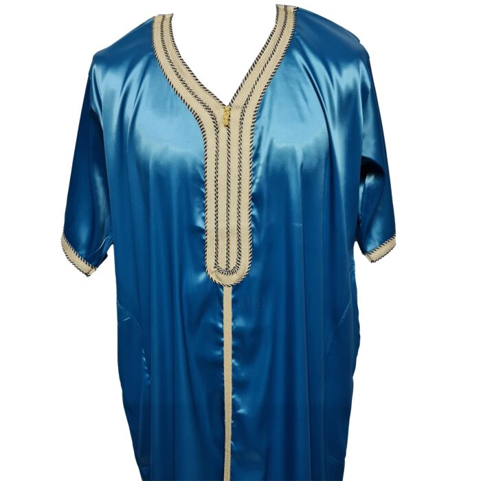 Moroccan Blue Shiny Short Sleeves Thobe Jubba Kandora Dishdasha (27)