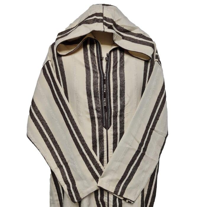 Moroccan Brown Cream Striped Cashmere Wool Blend Hooded Thobe Djellaba (2)