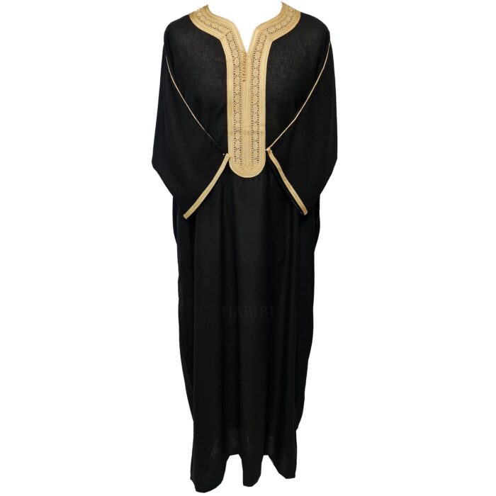 Moroccan Cotton Black 3 Quarter Sleeve Thobe Jubba Kandora Dishdasha (24)
