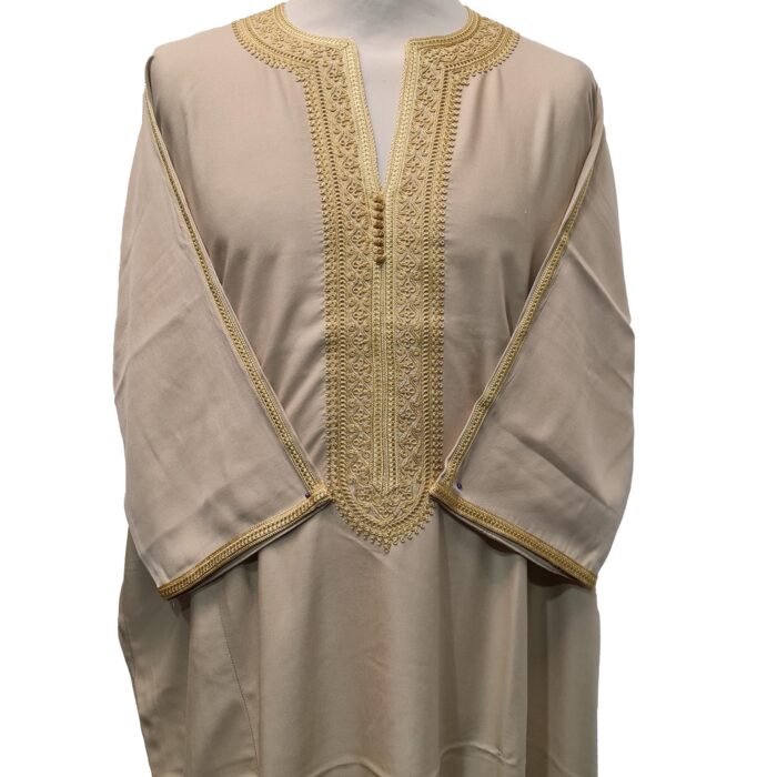 Moroccan Cotton Blend Beige 3 Quarter Sleeve Thobe Jubba Kandora Dishdasha (13)
