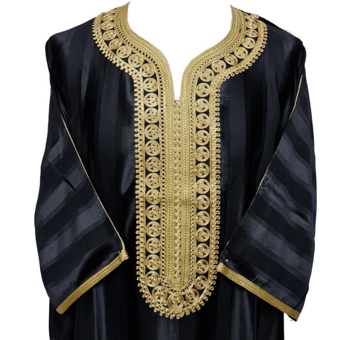 Moroccan Cotton Blend Black Gold 3 Quarter Sleeve Thobe Jubba Kandora Dishdasha (13)