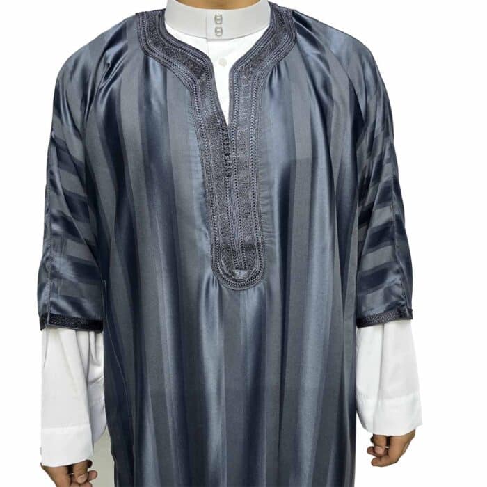Moroccan Cotton Blend Blue Grey 3 Quarter Sleeve Thobe Jubba Kandora Dishdasha M3qsatash 2527 (4)