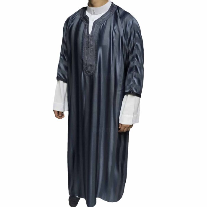 Moroccan Cotton Blend Blue Grey 3 Quarter Sleeve Thobe Jubba Kandora Dishdasha M3qsatash 2527 (5)